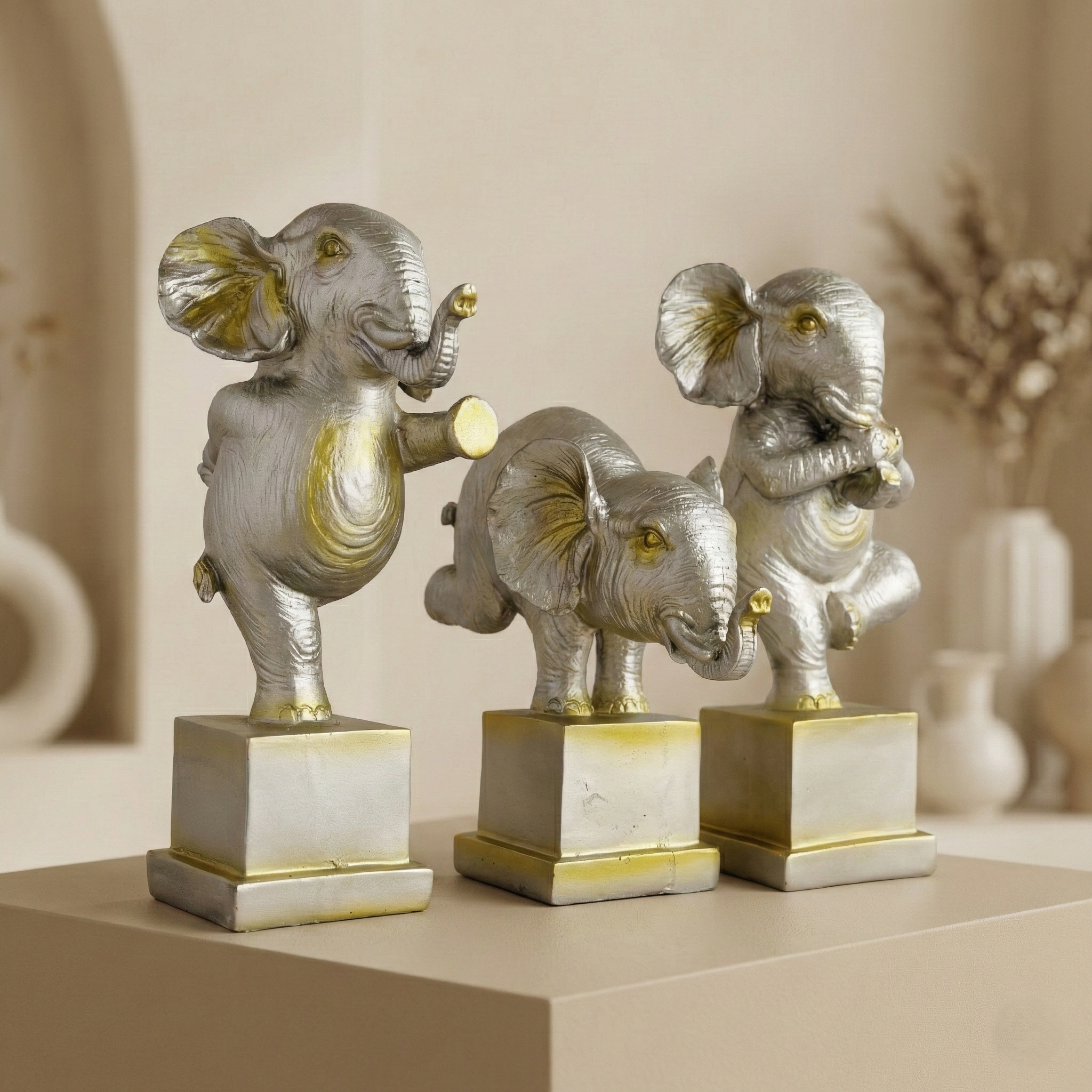 Gemini_Generated_Image_d7tgn4d7tgn4d7tg TCG 9" Yoga Posture Elephant Set Antique Colour - Image 1