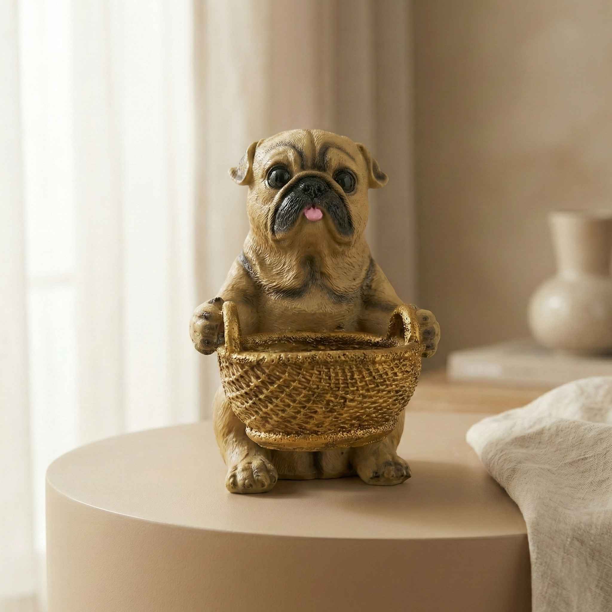 Made with LogoLicious Add Your Logo App TCG 8.6" Pug Dog with Storage Basket Statue - Image 1