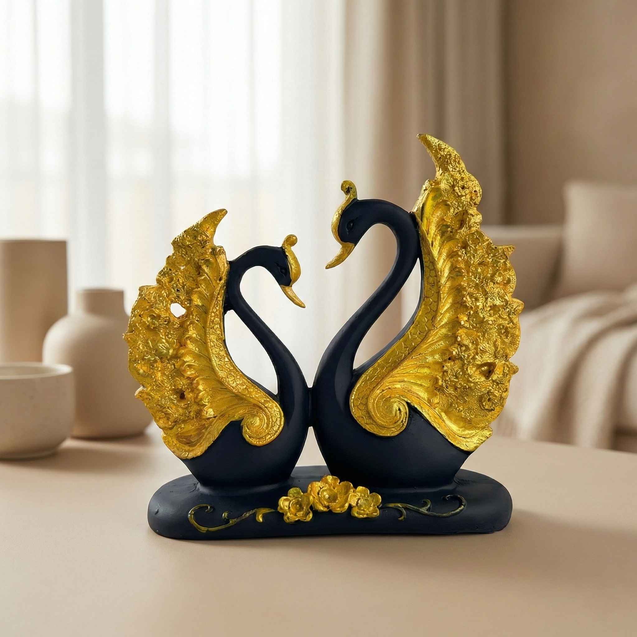 Made with LogoLicious Add Your Logo App TCG 7.5" Lovely Blue Golden Couple Swan Statue - Image 1