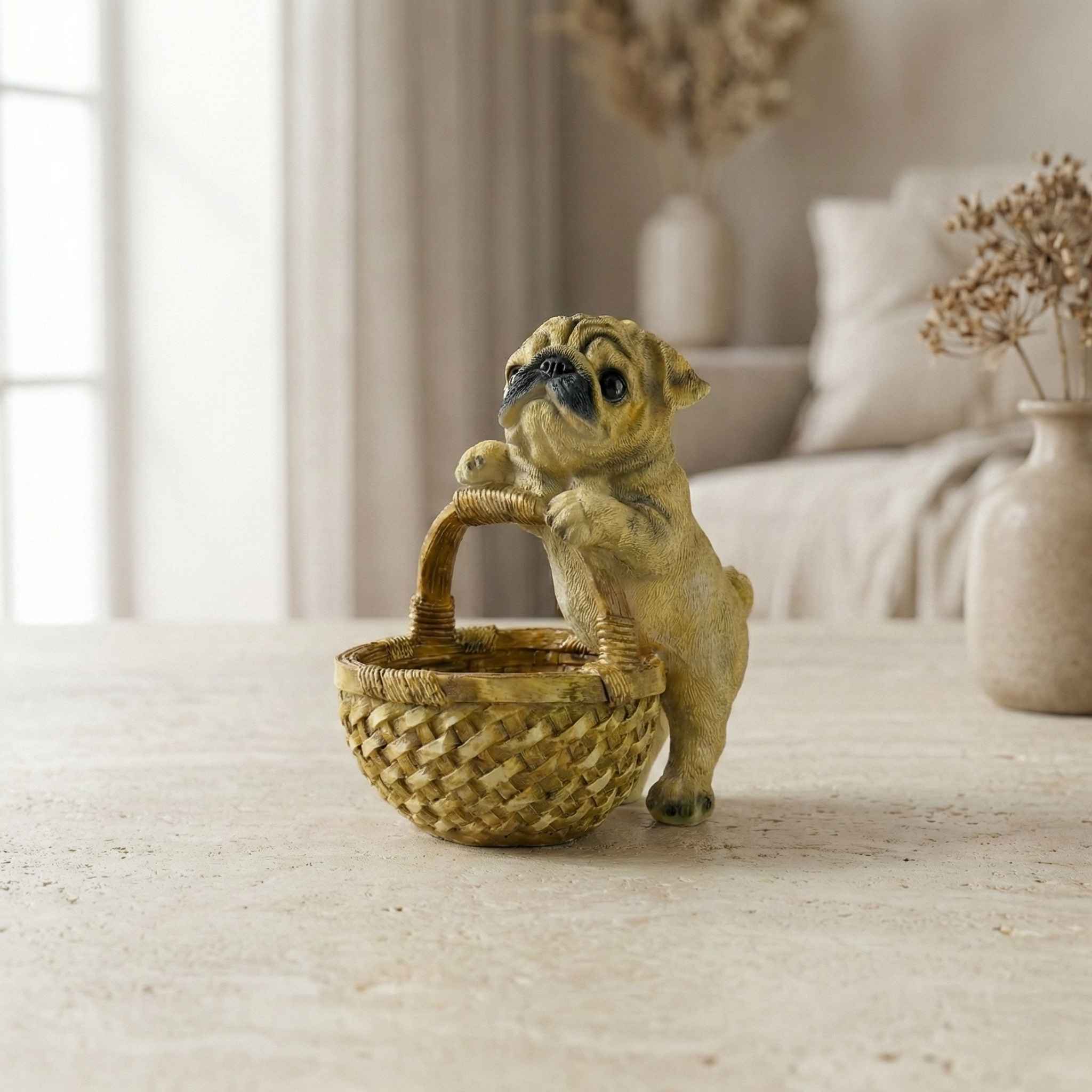Made with LogoLicious Add Your Logo App TCG 9.8" Pug Dog with Candy Basket Statue - Image 1
